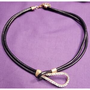 Unique Necklace Interlocking Front Rhinestone Toggle Accent Gold Tone Black Cord